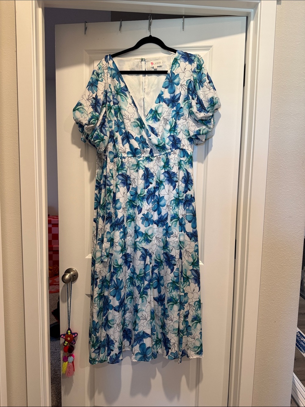 L'ATISTE White Midi Dress with Blue & Green Floral Print